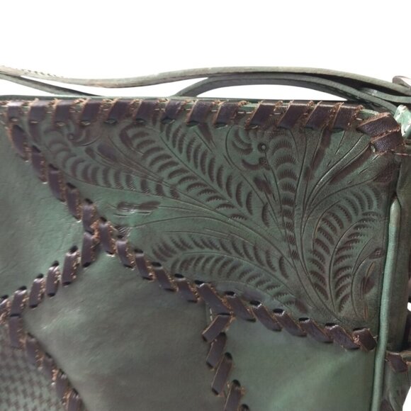 American West Hand Tooled Leather Shoulder Bag Green Vintage Boho Western - Picture 6 of 14